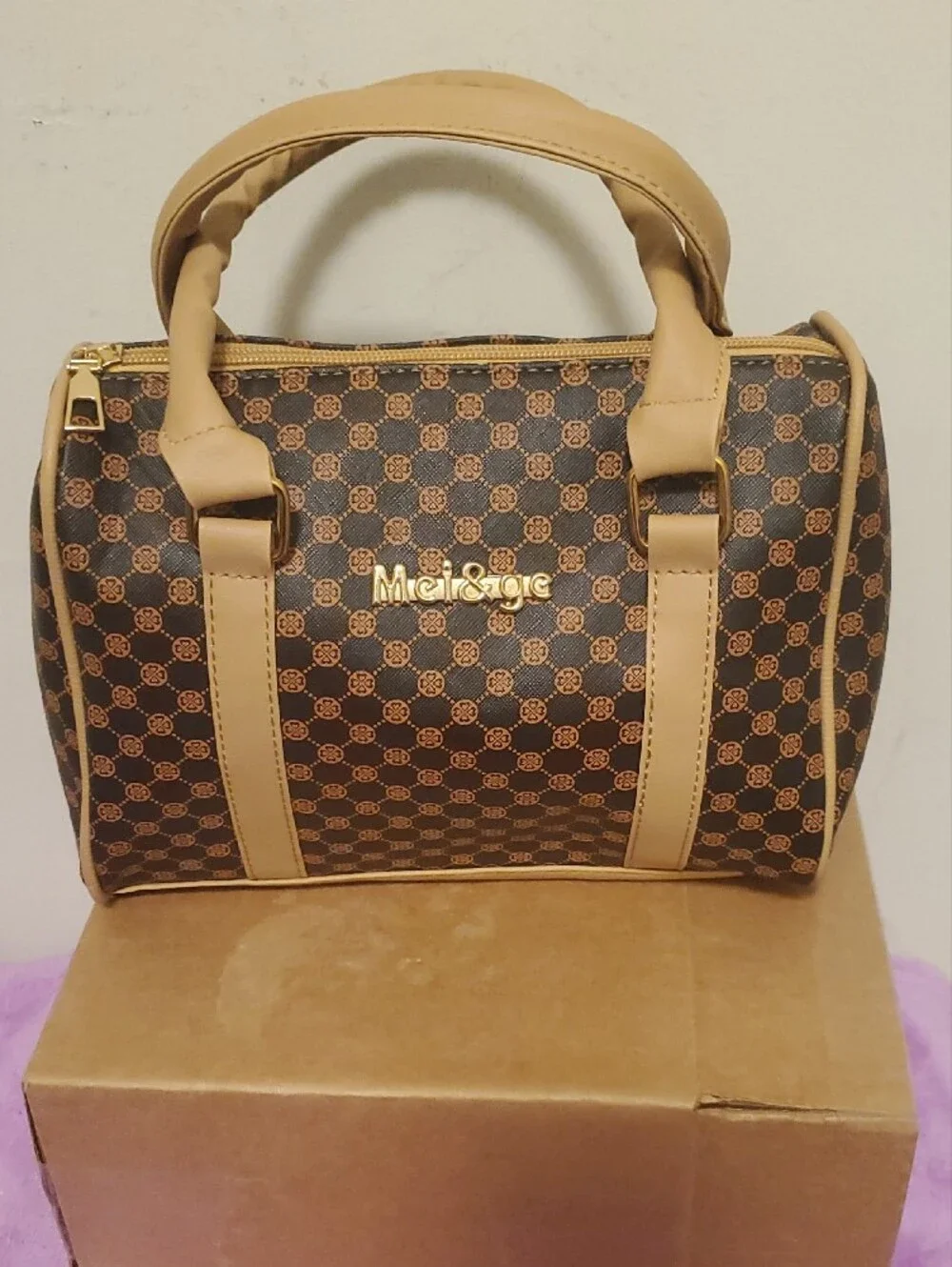 Brown Patterned Satchel with Tan Trim